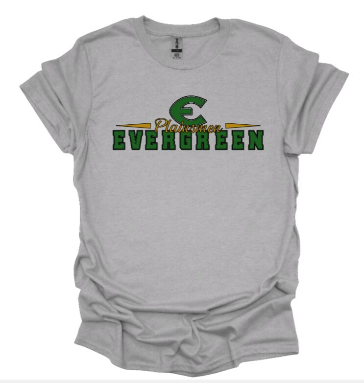 Evergreen High School Plainsman T-shirt. Multiple color options to choose from. Custom made to order..