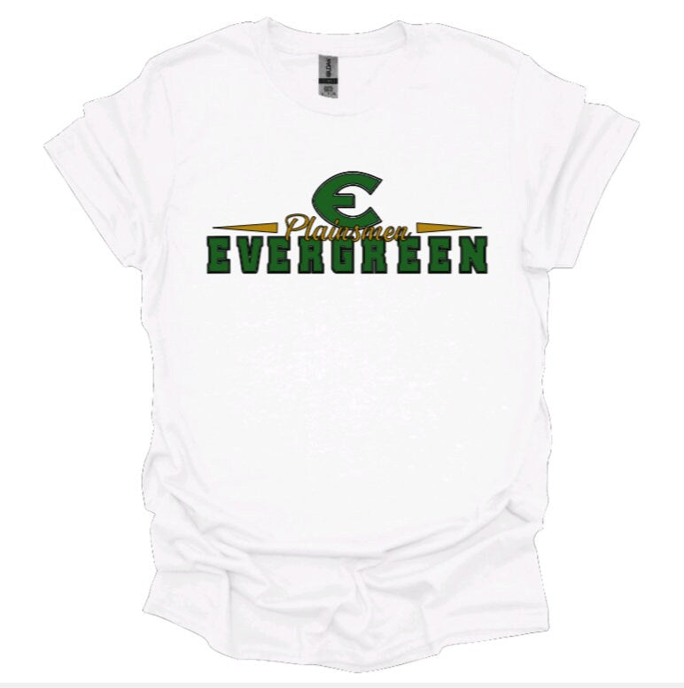 Evergreen High School Plainsman T-shirt. Multiple color options to choose from. Custom made to order..